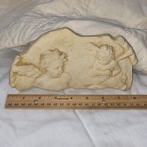 Hen-Feathers Cream Double Angel Frieze Relief Wall Sculpture 3D Decor 8x4” VGUC
